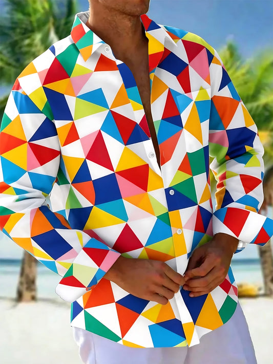 Adaychic Men's Printed Colorful Geometric Triangles Print Long Sleeve Shirt with Chest Pocket