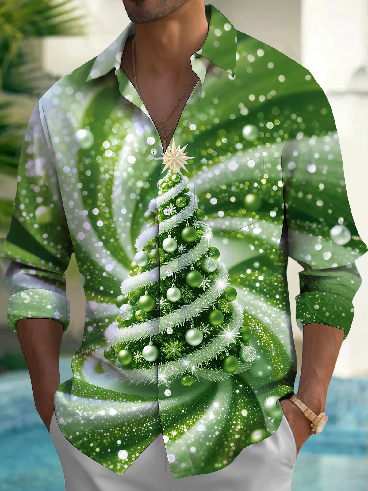 Adaychic Men's Printed Christmas Tree Print Long Sleeve Shirt with Chest Pocket