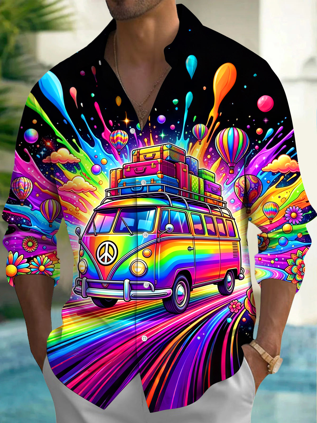 Adaychic Colorful Hippie Bus Long Sleeve Shirt with Chest Pocket