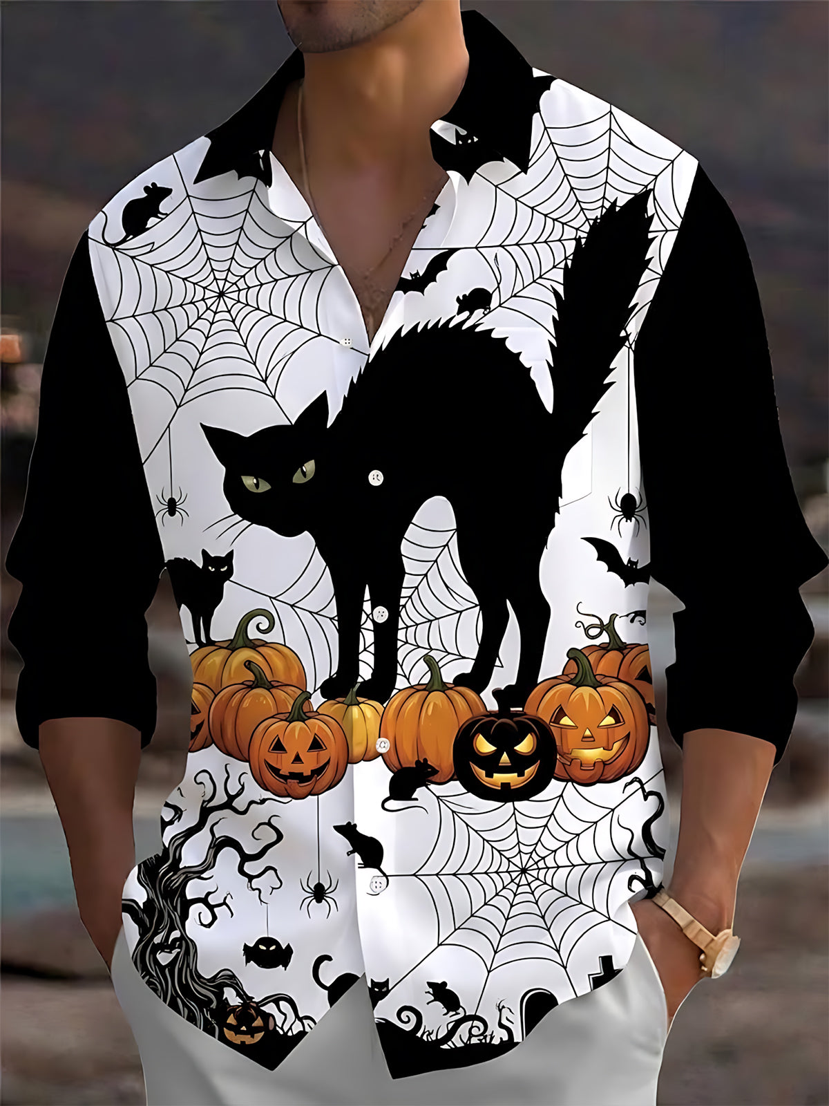 Adaychic Men's Graphic Halloween Black Cat Print Long Sleeve Shirt with Chest Pocket