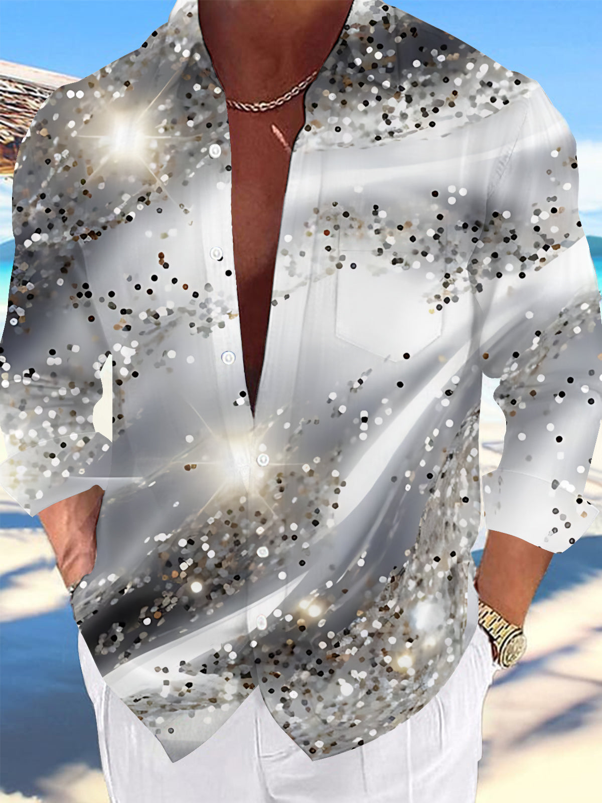 Adaychic Men's Printed Abstract Confetti Dots Print Long Sleeve Shirt with Chest Pocket