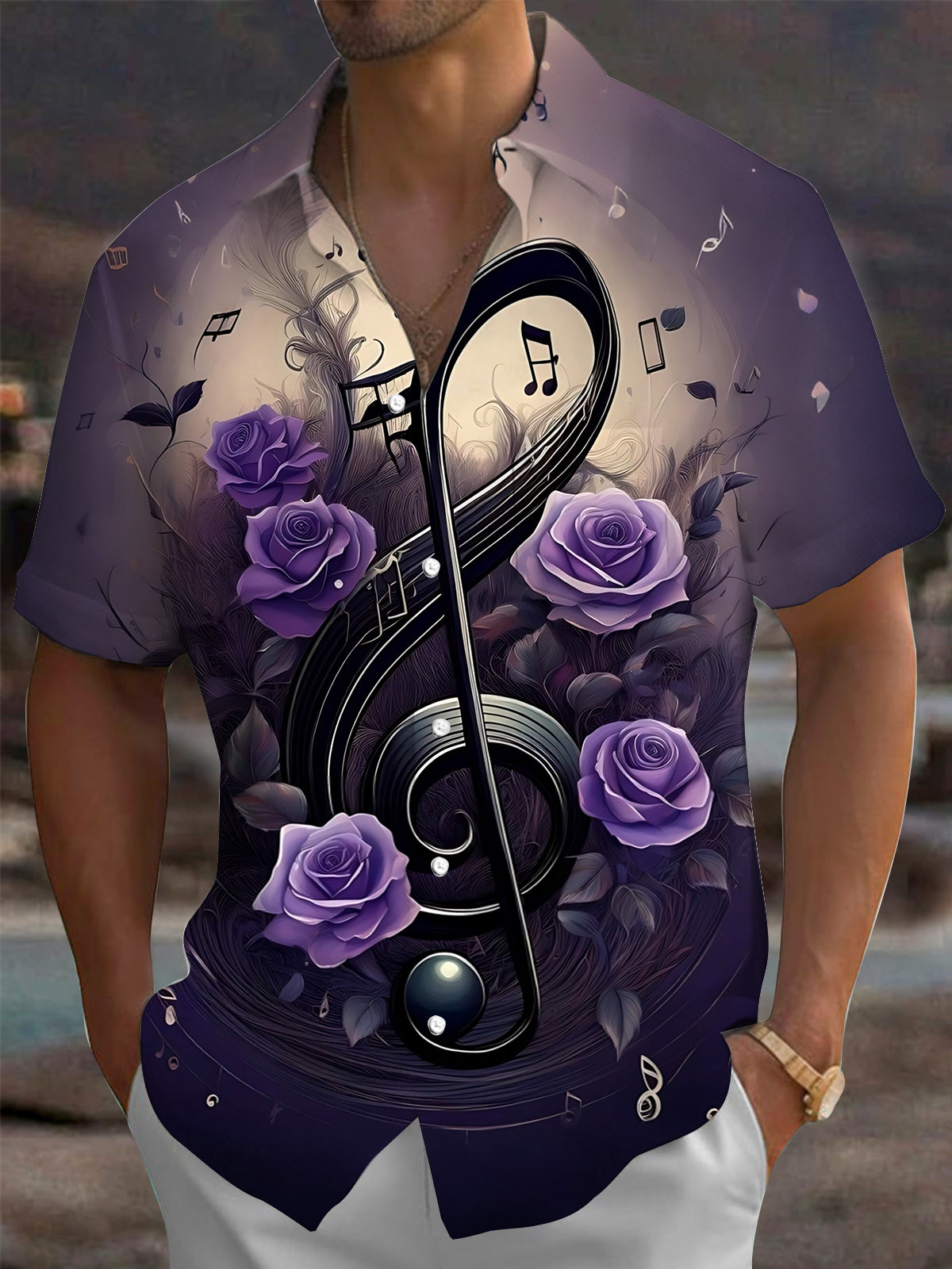 Adaychic Men's Graphic Purple Rose Print Treble Clef Print Short Sleeve Shirt with Chest Pocket