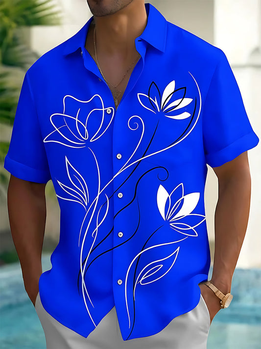 Adaychic Men's Hawaiian White Floral Line Art Print Short Sleeve Shirt with Chest Pocket