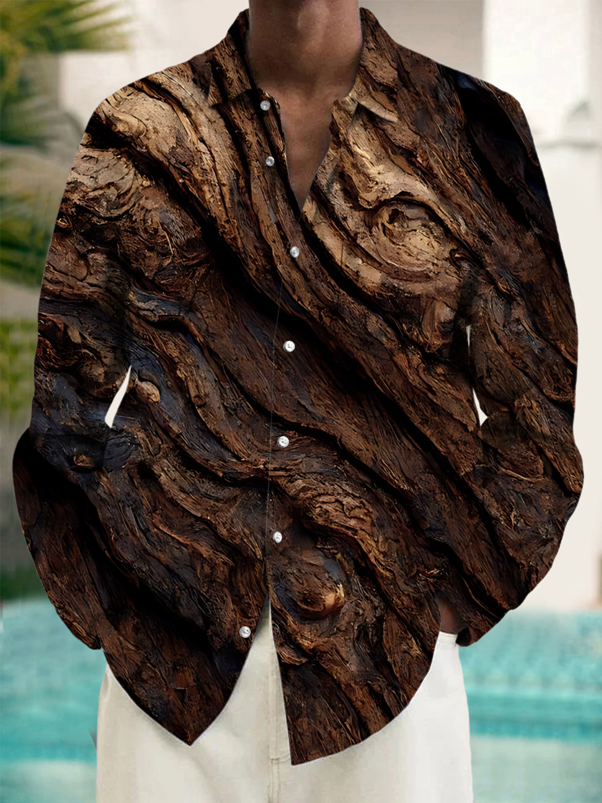 Adaychic Men's Printed Wood Grain Texture Print Long Sleeve Shirt with Chest Pocket