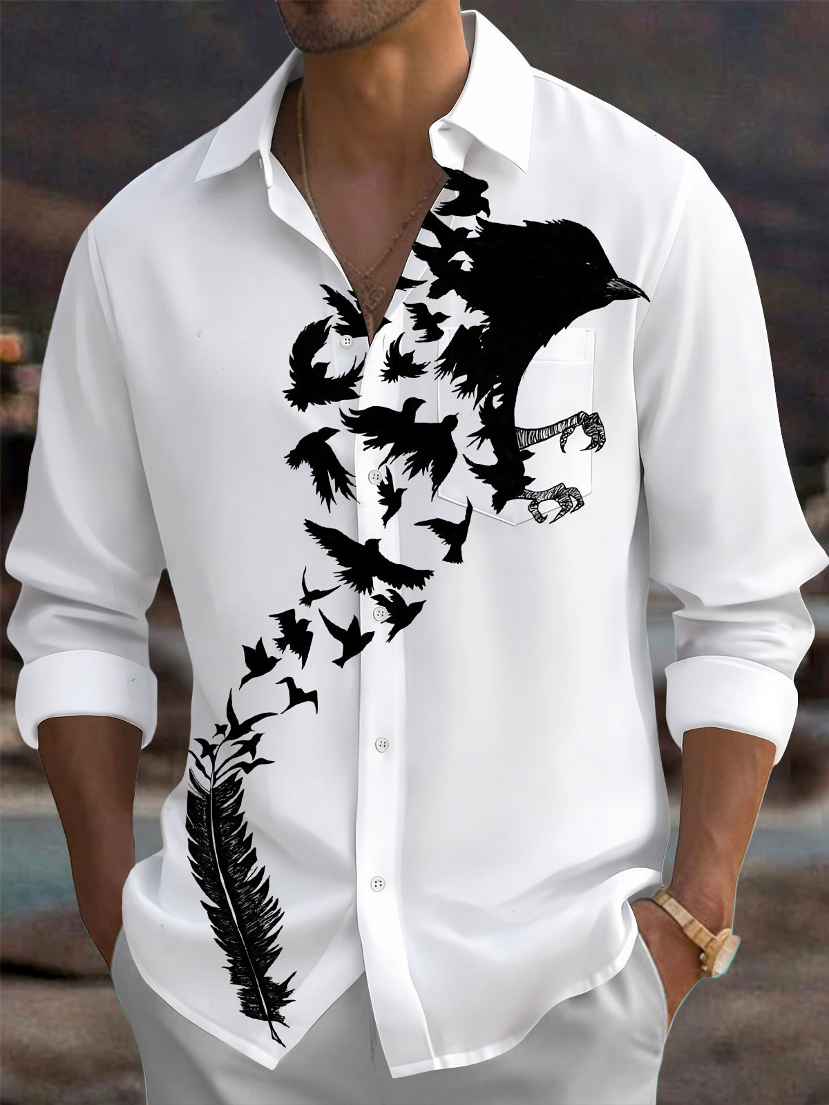 Adaychic Men's Graphic Crow Silhouette Print Long Sleeve Shirt with Chest Pocket