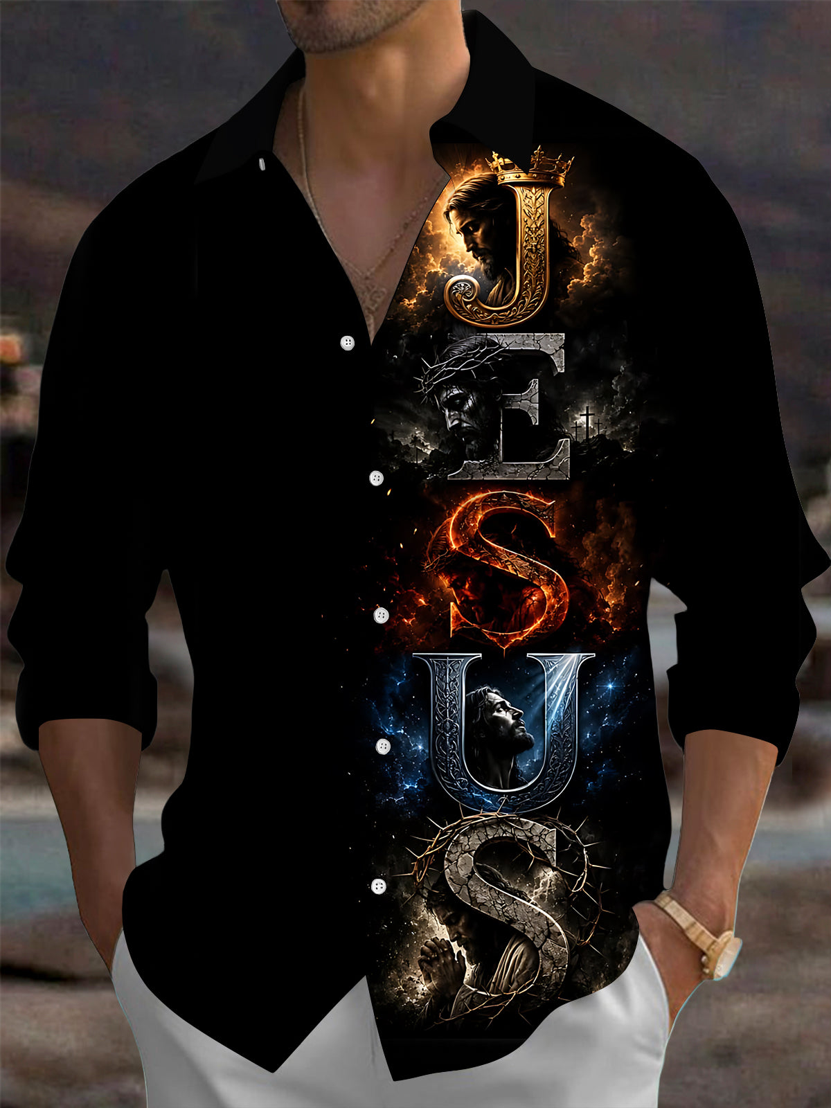 Adaychic Men's Graphic Christian Print Religion Print Long Sleeve Shirt with Chest Pocket