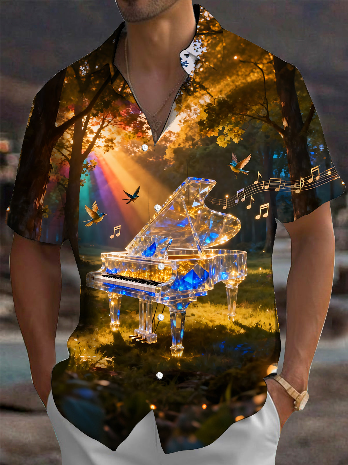 Adaychic Men's Printed Crystal Piano Print Short Sleeve Shirt with Chest Pocket