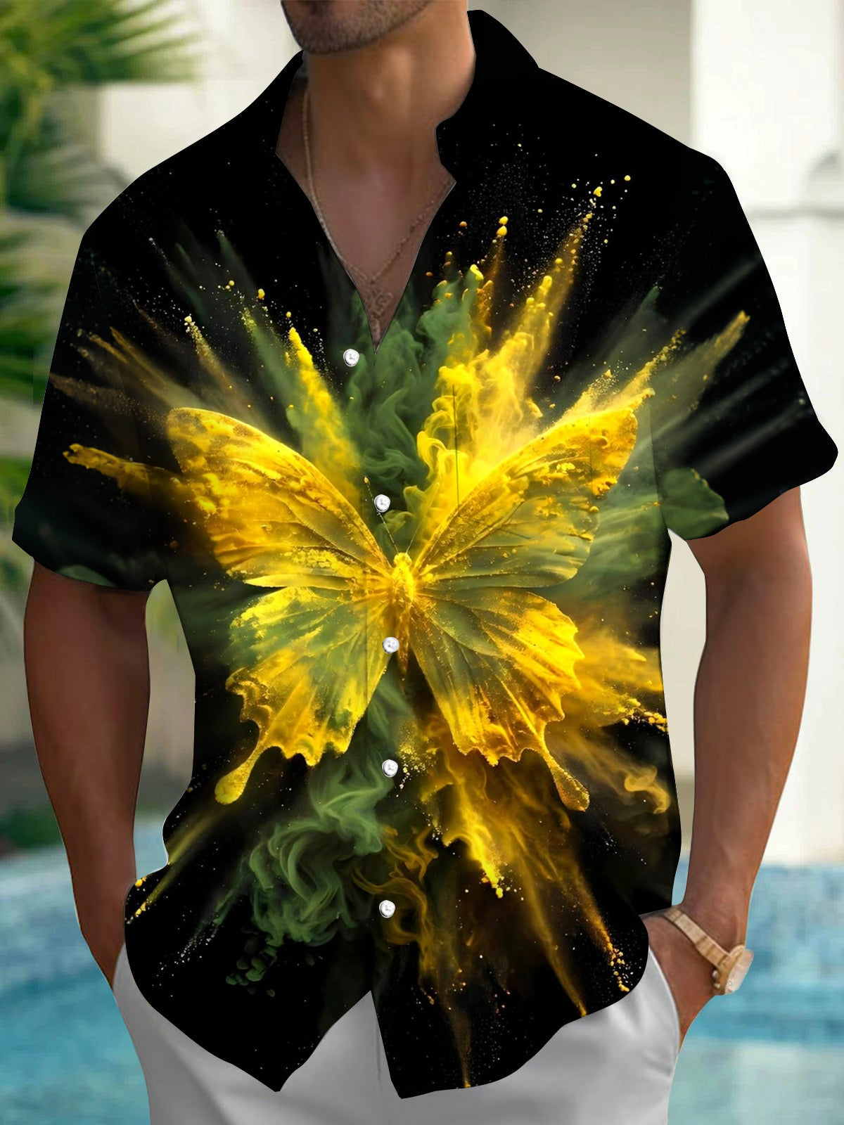 Adaychic Men's Printed Butterfly Explosion Print Short Sleeve Shirt with Chest Pocket