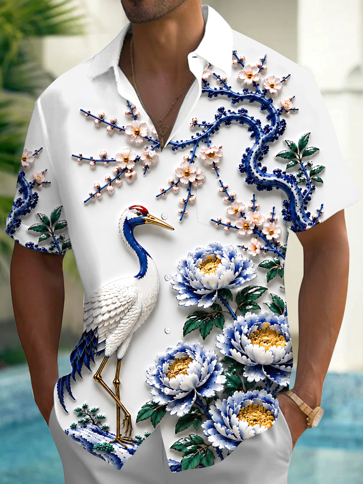 Adaychic Men's Printed Red-crowned Crane Print Short Sleeve Shirt with Chest Pocket