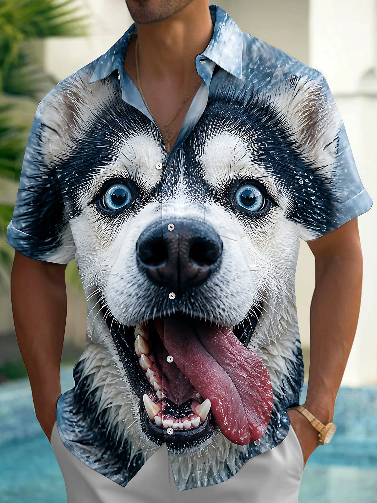 Adaychic Men's Graphic Alaskan Malamute Face Print Short Sleeve Shirt with Chest Pocket