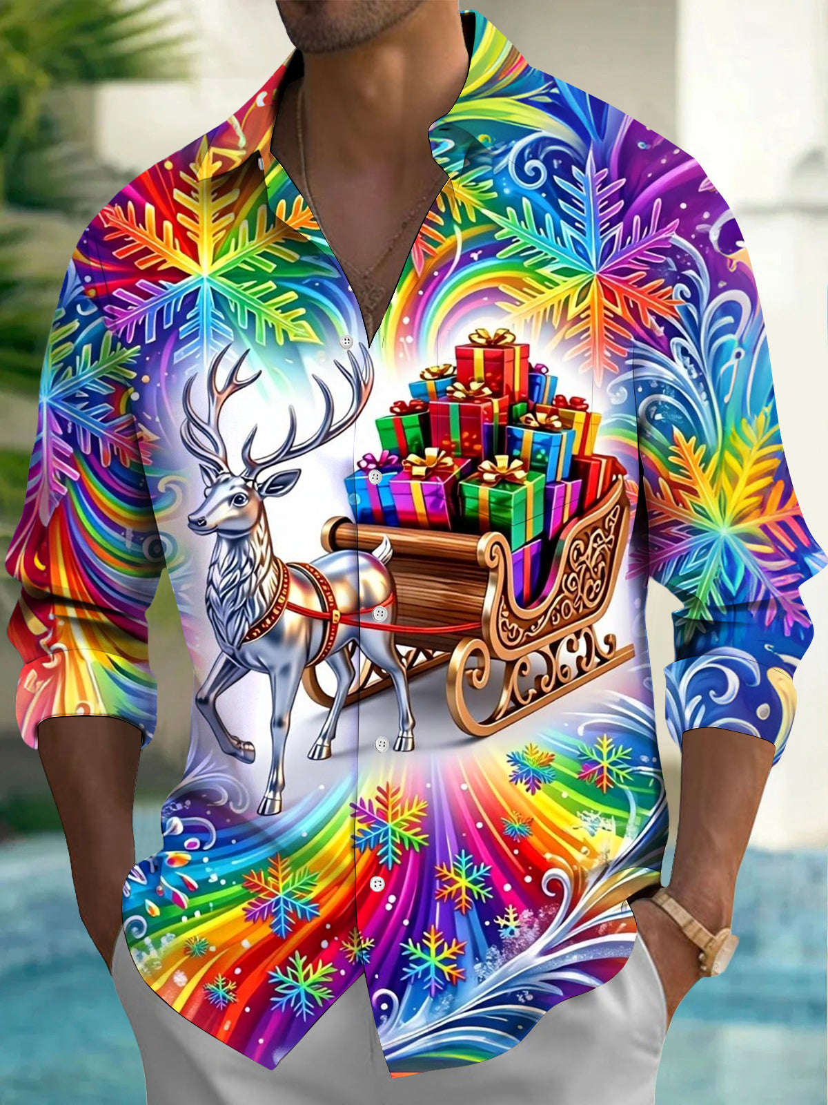 Adaychic Men's Graphic Rainbow Snowflakes Print Long Sleeve Shirt with Chest Pocket