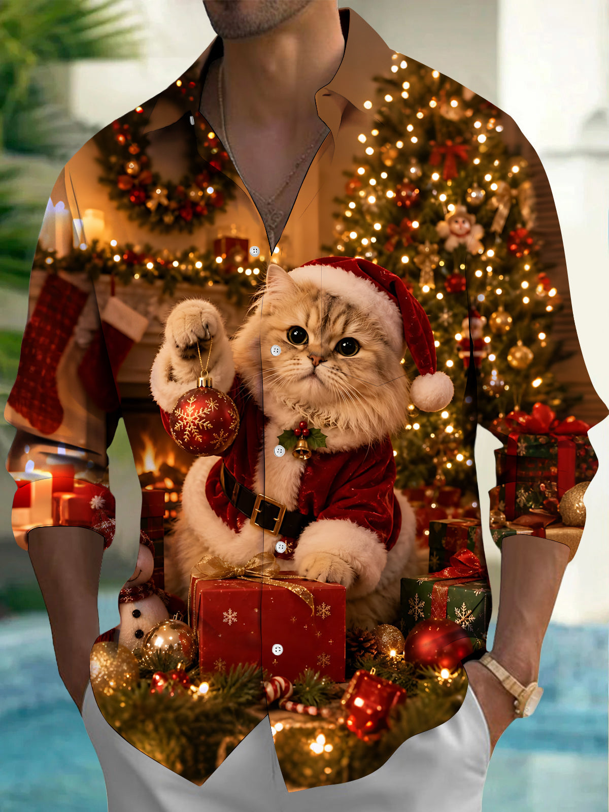 Adaychic Men's Printed Christmas Cat Print Santa Cat Print Long Sleeve Shirt with Chest Pocket