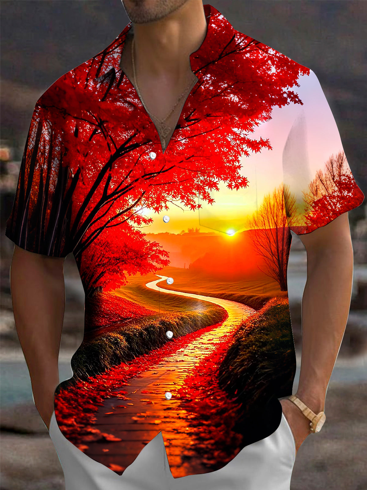 Adaychic Men's Hawaiian Autumn Maple Sunset Scenery Print Short Sleeve Shirt with Chest Pocket