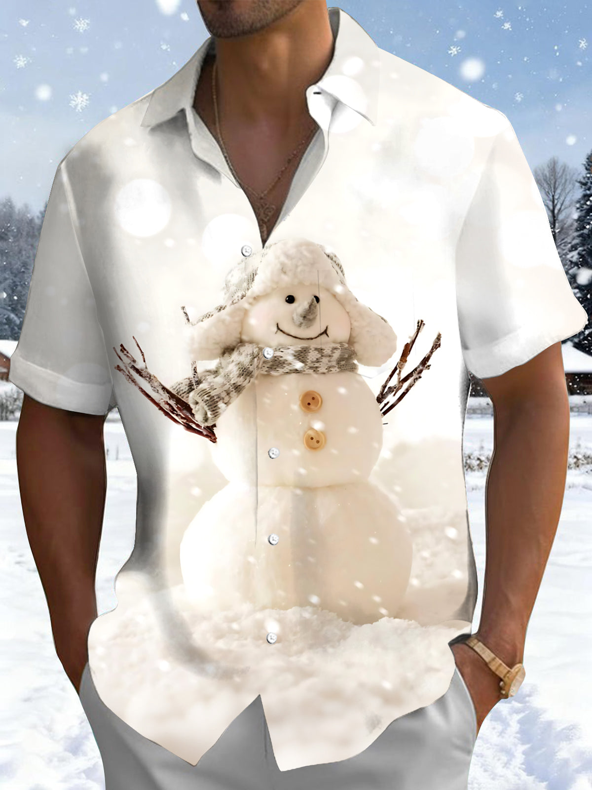Adaychic Men's Graphic Snowman Print Winter Snow Print Short Sleeve Shirt with Chest Pocket