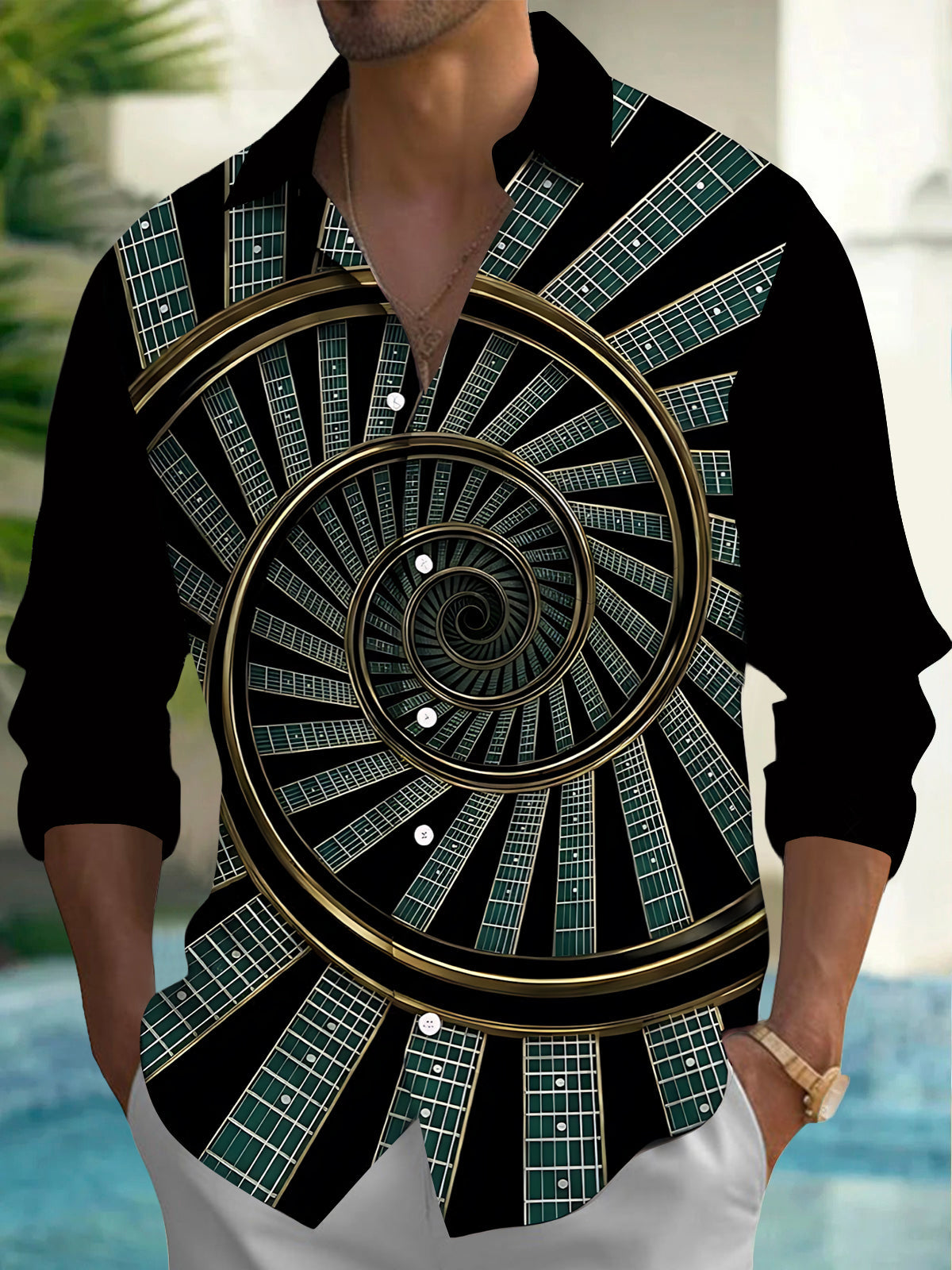 Adaychic Men's Graphic Guitar Fretboard Spiral Print Long Sleeve Shirt with Chest Pocket