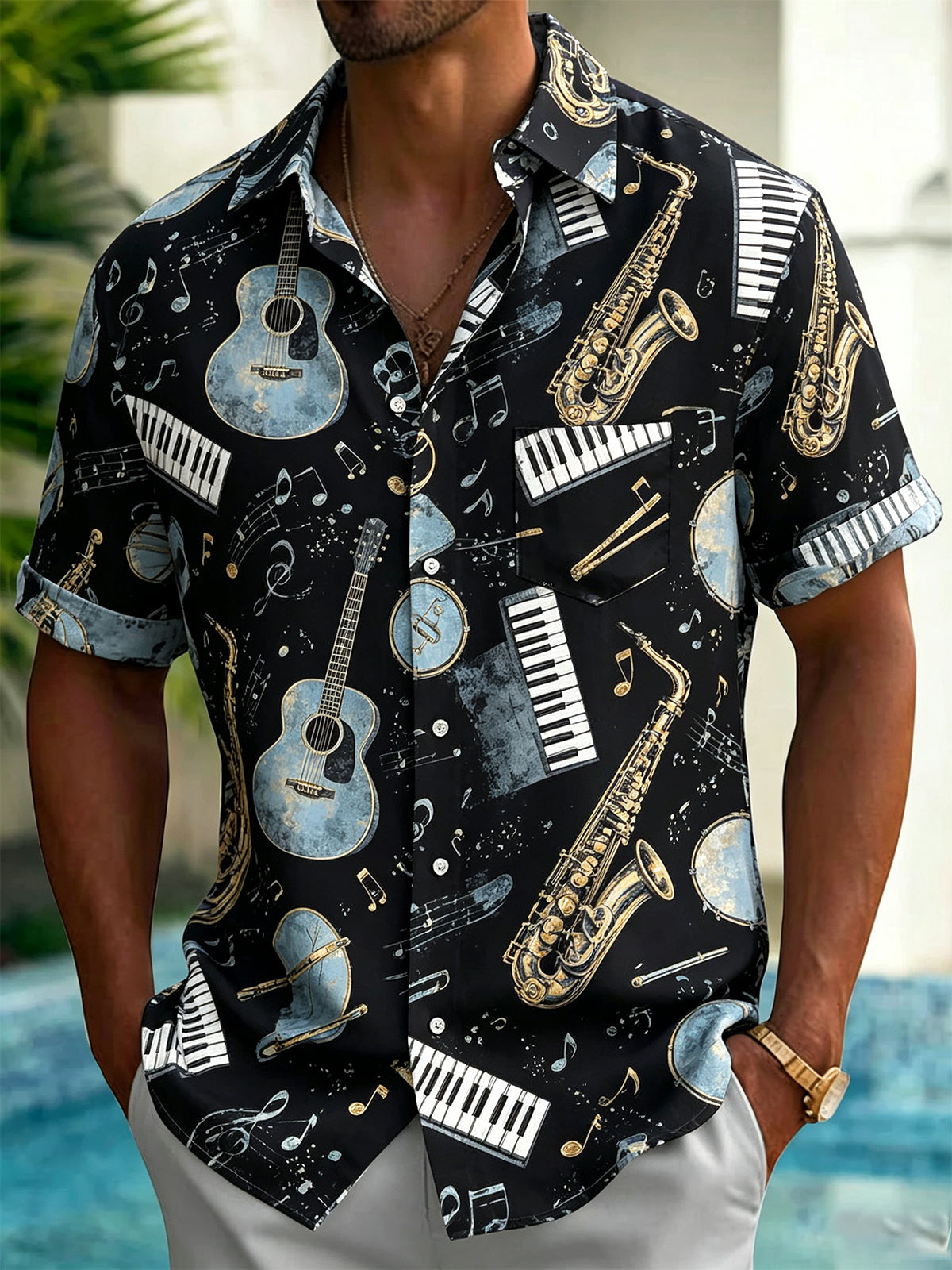 Adaychic Men's Hawaiian Musical Instruments Print Short Sleeve Shirt with Chest Pocket