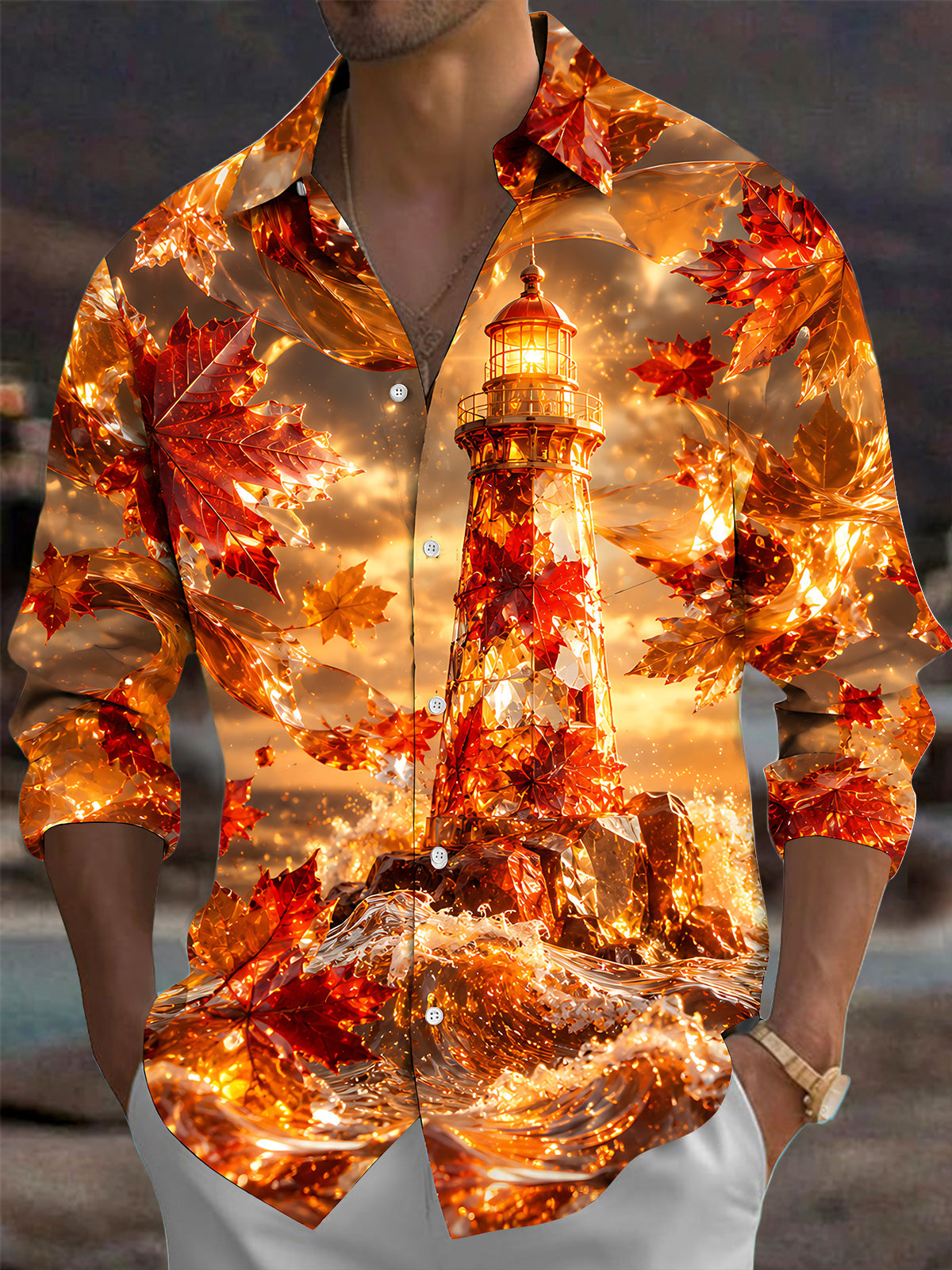 Adaychic Men's Printed Lighthouse Print Maple Leaves Print Long Sleeve Shirt with Chest Pocket