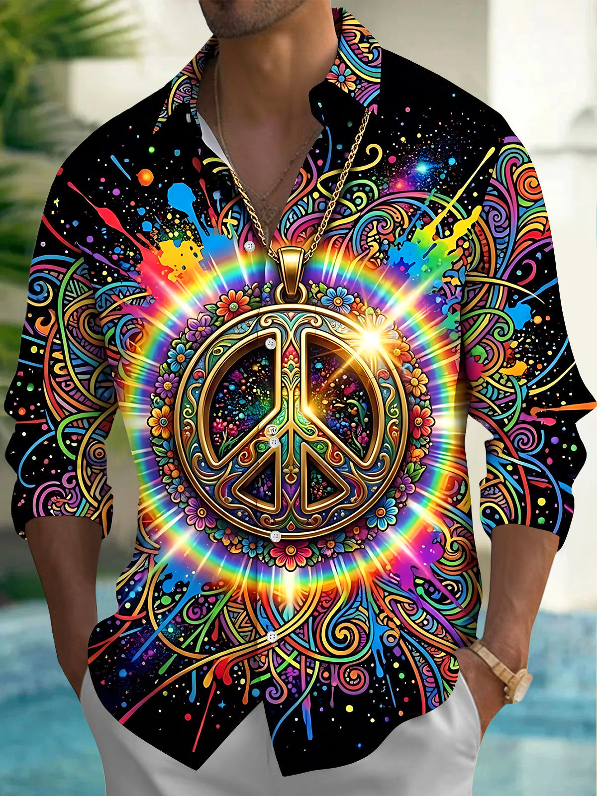 Adaychic Men's Retro Rainbow Peace Symbol Print Long Sleeve Shirt with Chest Pocket