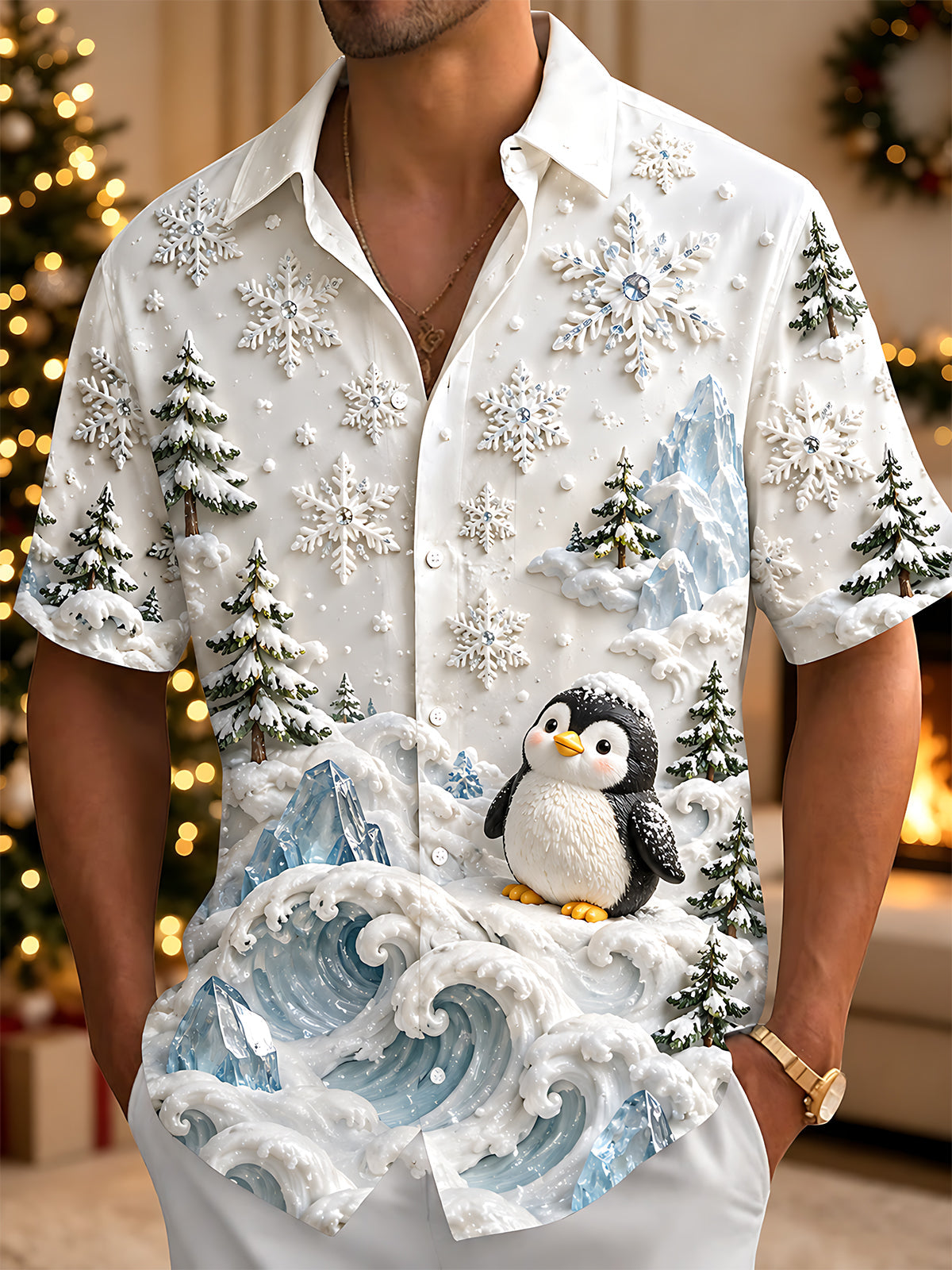 Adaychic Men's Graphic 3D Winter Snowscape Print Short Sleeve Shirt with Chest Pocket