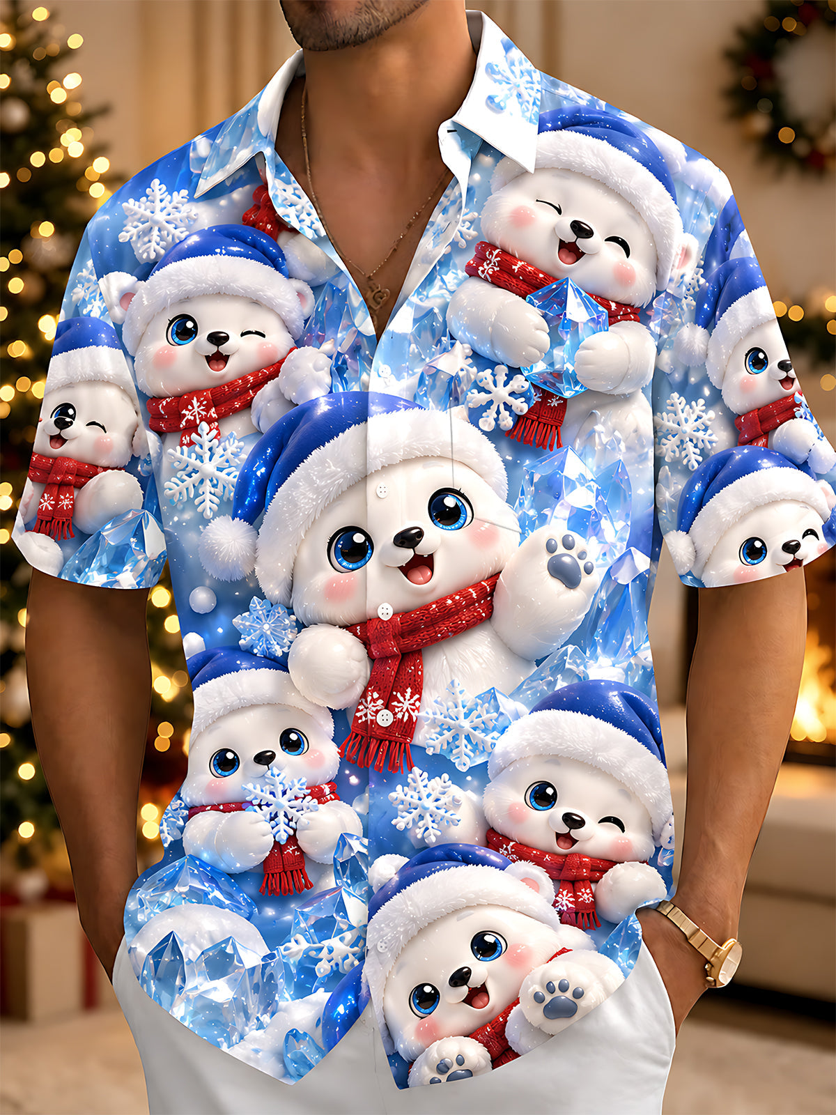 Adaychic Men's Graphic Christmas Polar Bear Print Short Sleeve Shirt with Chest Pocket