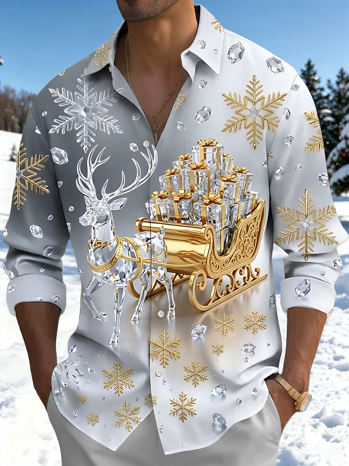 Adaychic Men's Graphic Christmas Reindeer Sleigh Print Long Sleeve Shirt with Chest Pocket