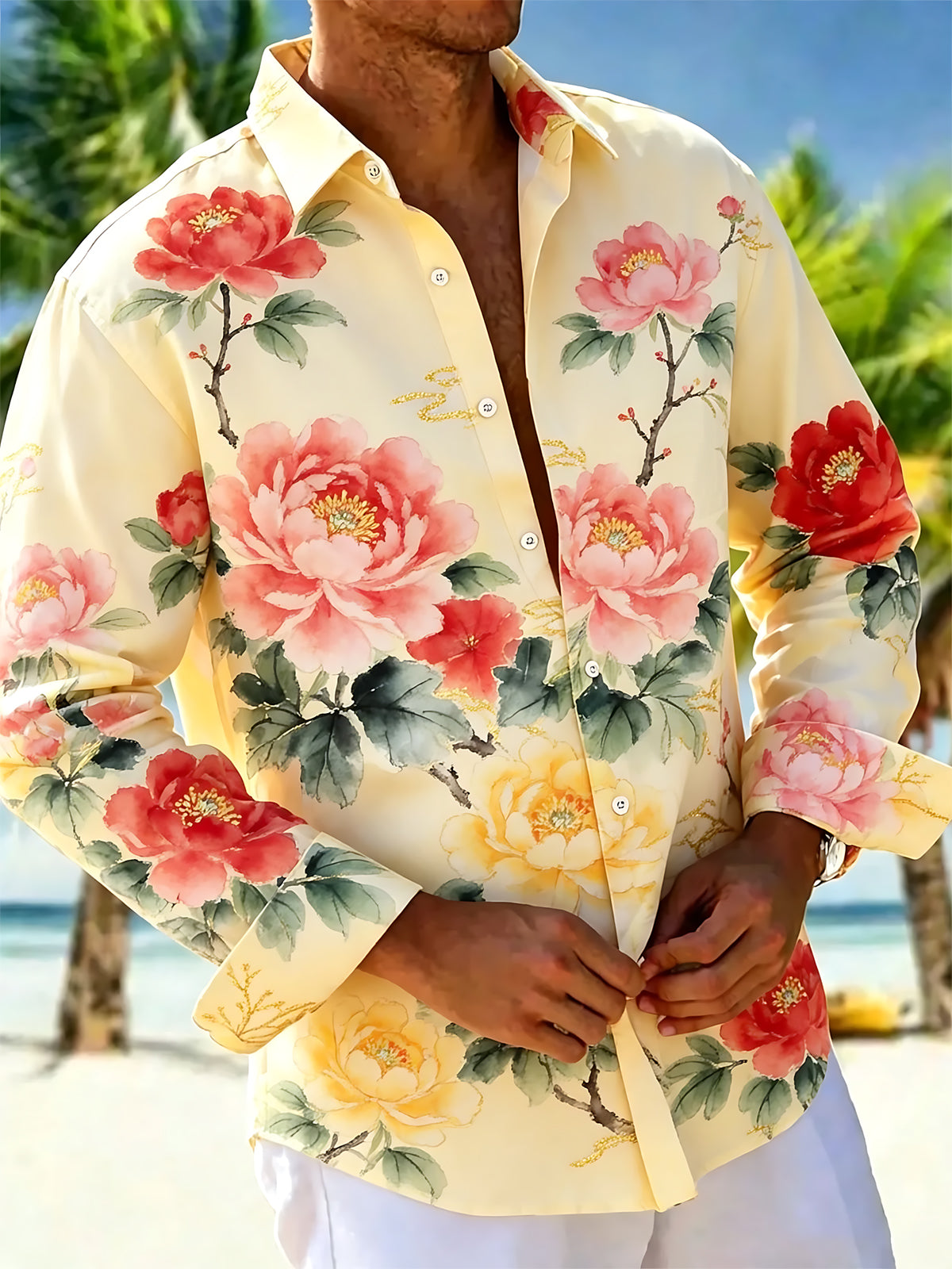 Adaychic Men's Floral Floral Print Large Flowers Print Long Sleeve Shirt with Chest Pocket