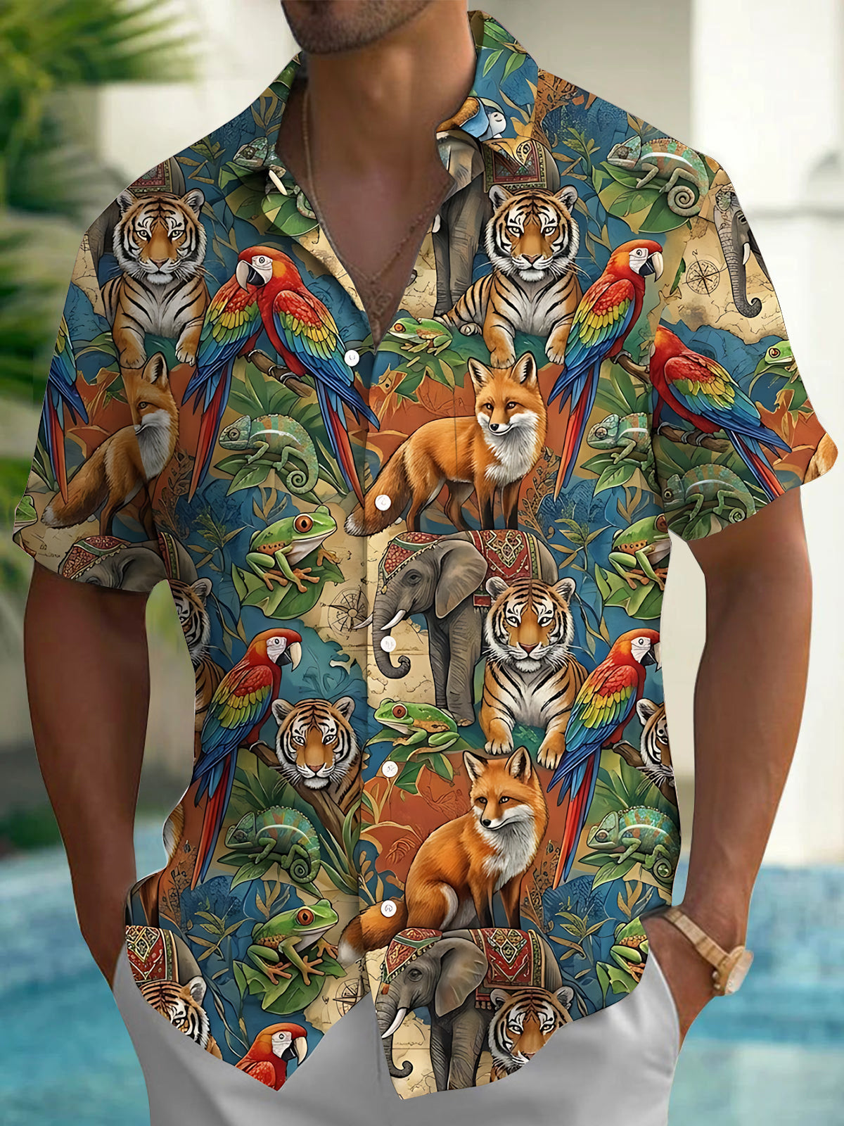 Adaychic Men's Hawaiian Jungle Wildlife Animals Print Short Sleeve Shirt with Chest Pocket