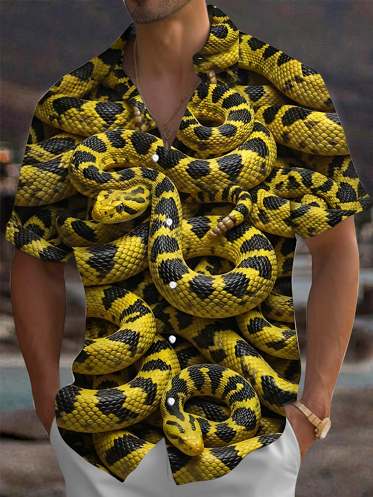 Adaychic Men's Printed Yellow Black Snake Print Short Sleeve Shirt with Chest Pocket