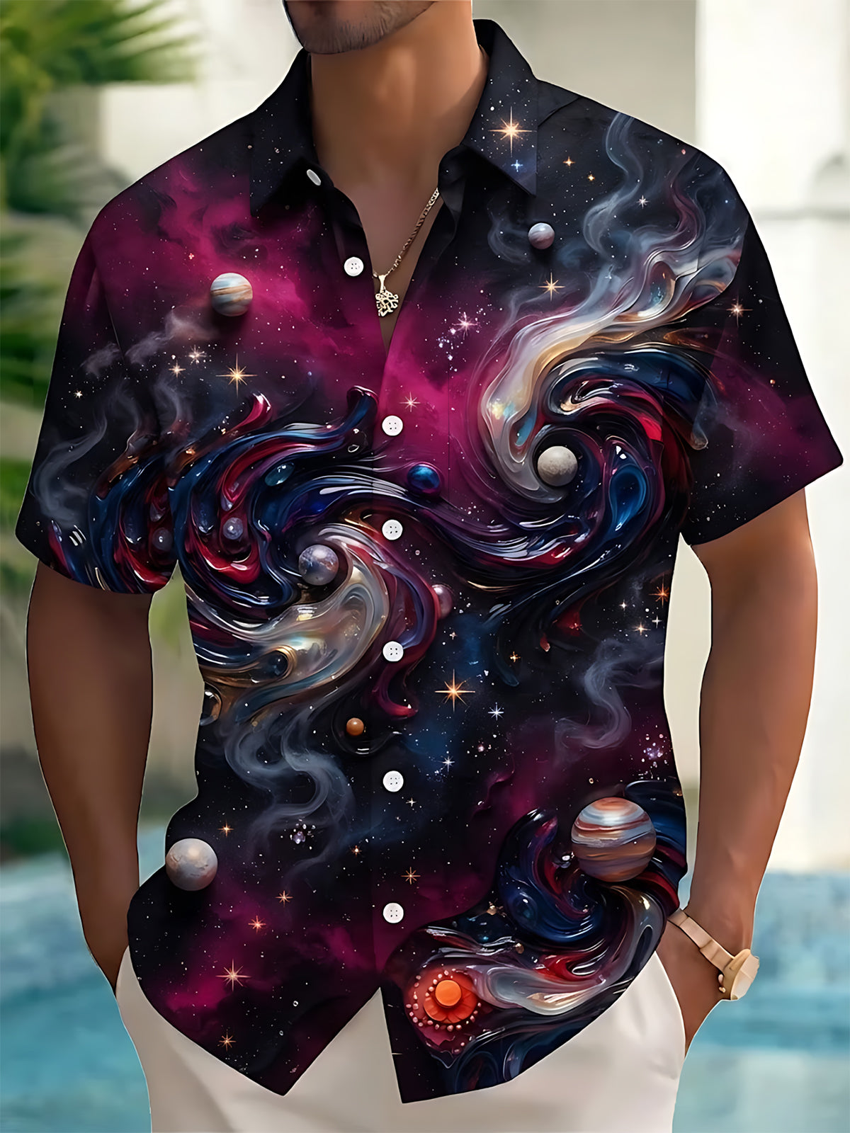 Adaychic Men's Printed Space Nebula Print Planets Print Short Sleeve Shirt with Chest Pocket