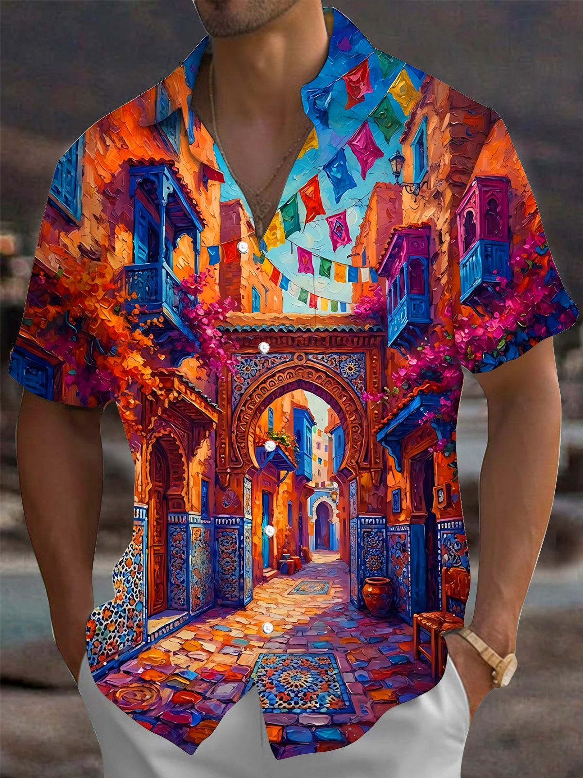 Adaychic Men's Graphic Oil Painting Street Scene Print Short Sleeve Shirt with Chest Pocket