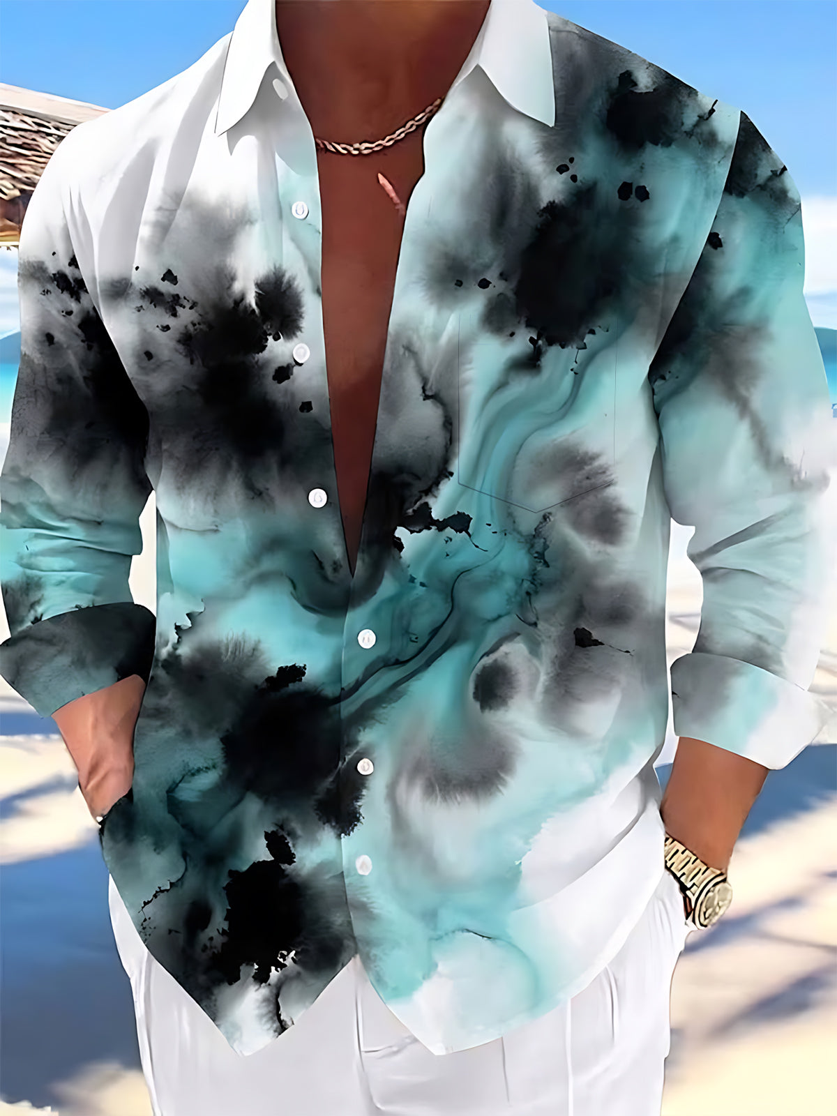 Adaychic Men's Tie Dye Abstract Ink Wash Print Long Sleeve Shirt with Chest Pocket