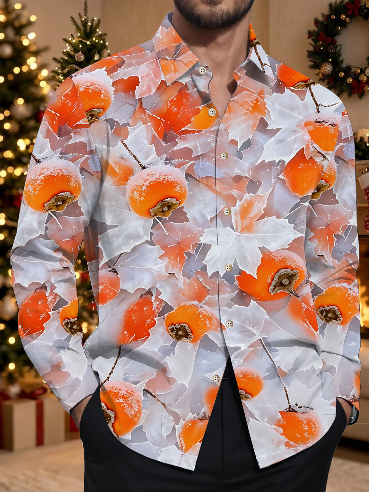 Adaychic Men's Printed Frosted Persimmon Fruit Print Long Sleeve Shirt with Chest Pocket