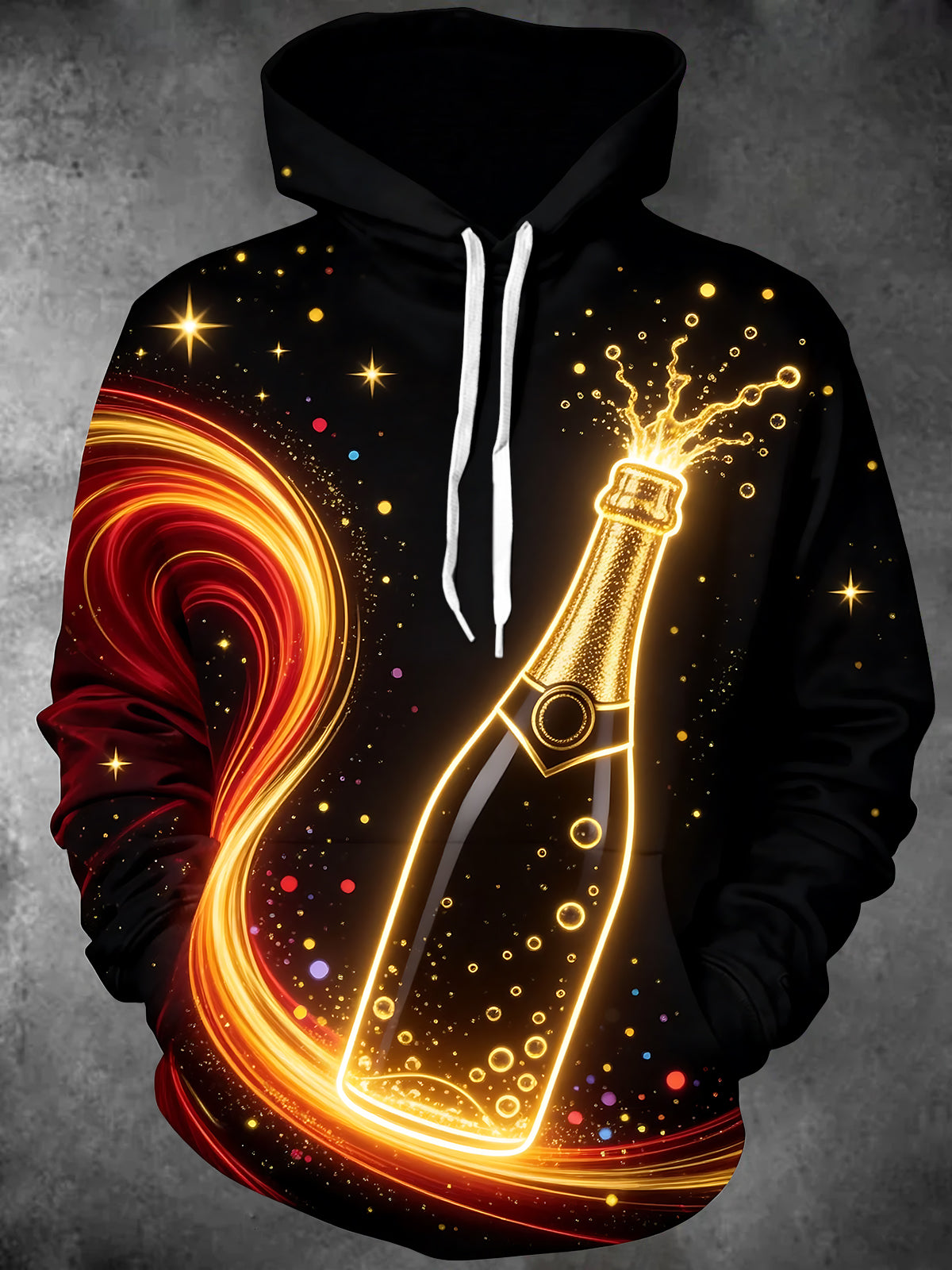 Adaychic Men's Graphic Neon Champagne Bottle Print Long Sleeve Hoodie