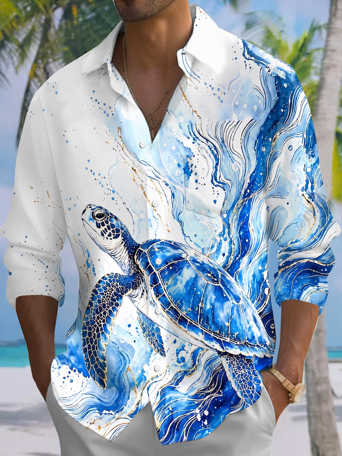 Adaychic Men's Graphic Blue Sea Turtle Watercolor Print Long Sleeve Button Down Shirt with Chest Pocket