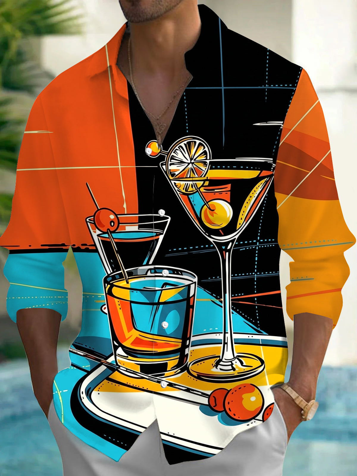 Adaychic Men's Cocktail Drink Graphic Print Long Sleeve Button Down Shirt with Chest Pocket