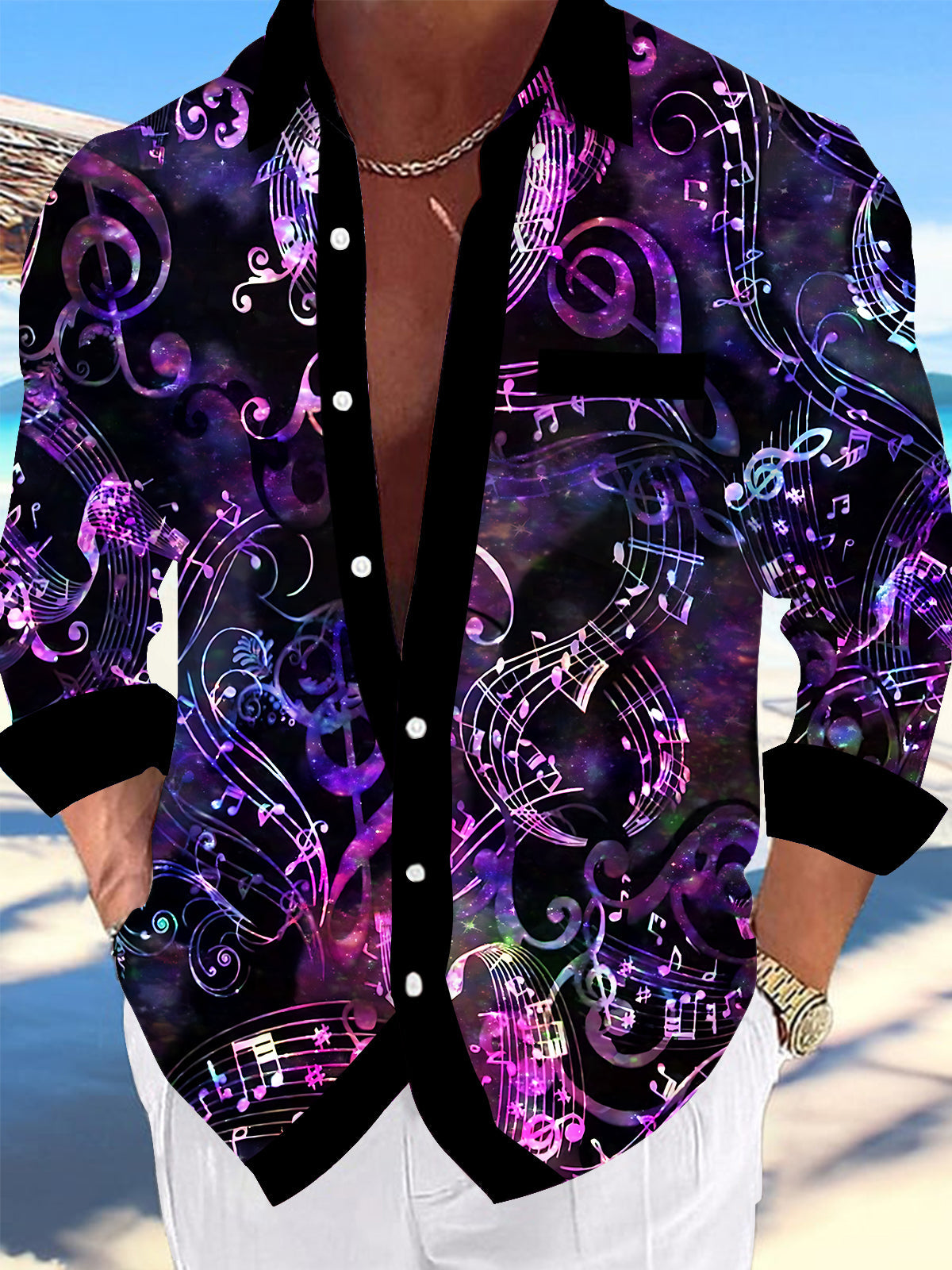 Adaychic Men's Graphic Abstract Purple Galaxy Musical Notes Print Long Sleeve Button Down Shirt with Chest Pocket