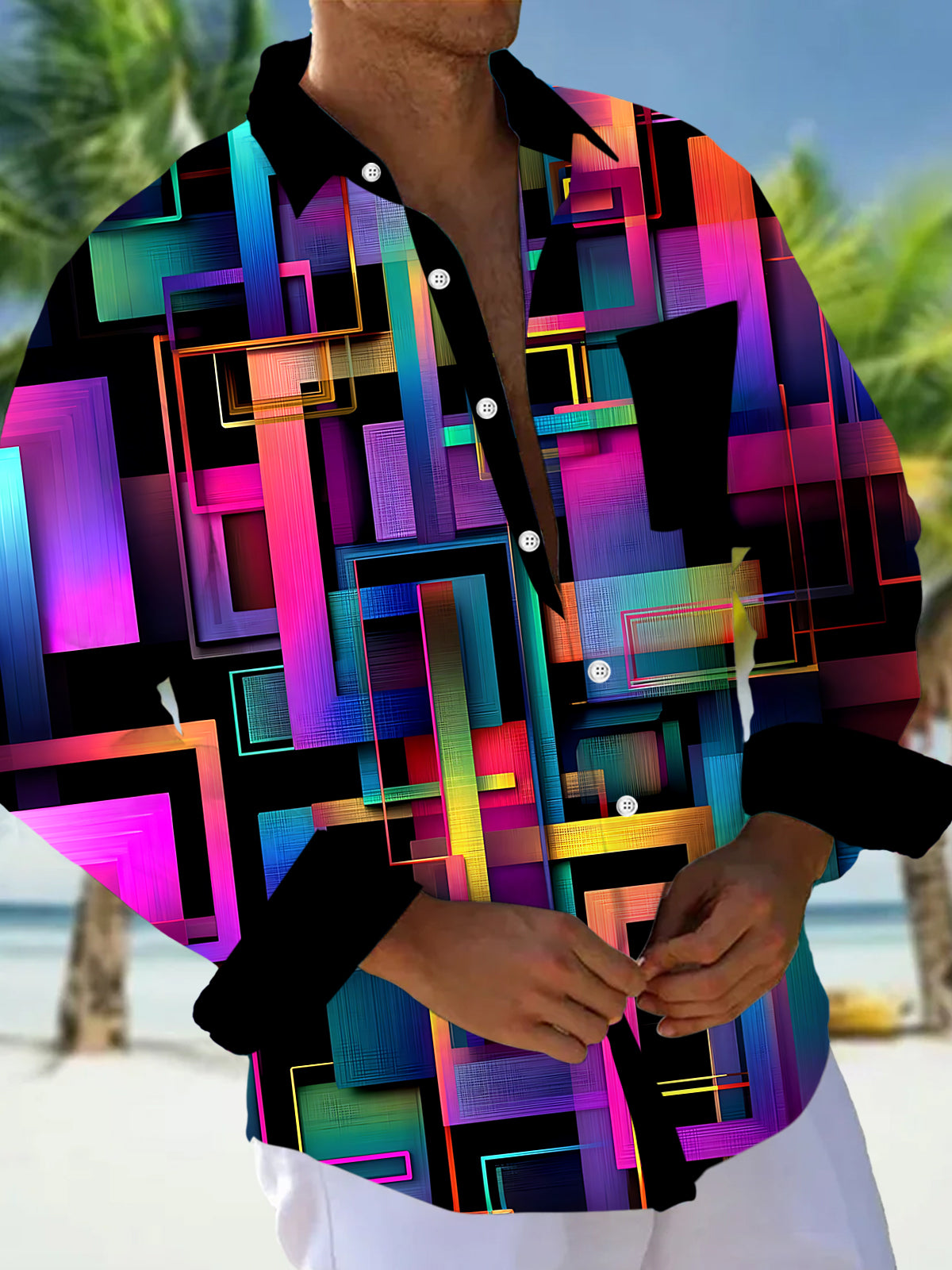 Adaychic Men's Graphic 3D Abstract Geometric Neon Rectangle Print Long Sleeve Button Down Shirt with Chest Pocket