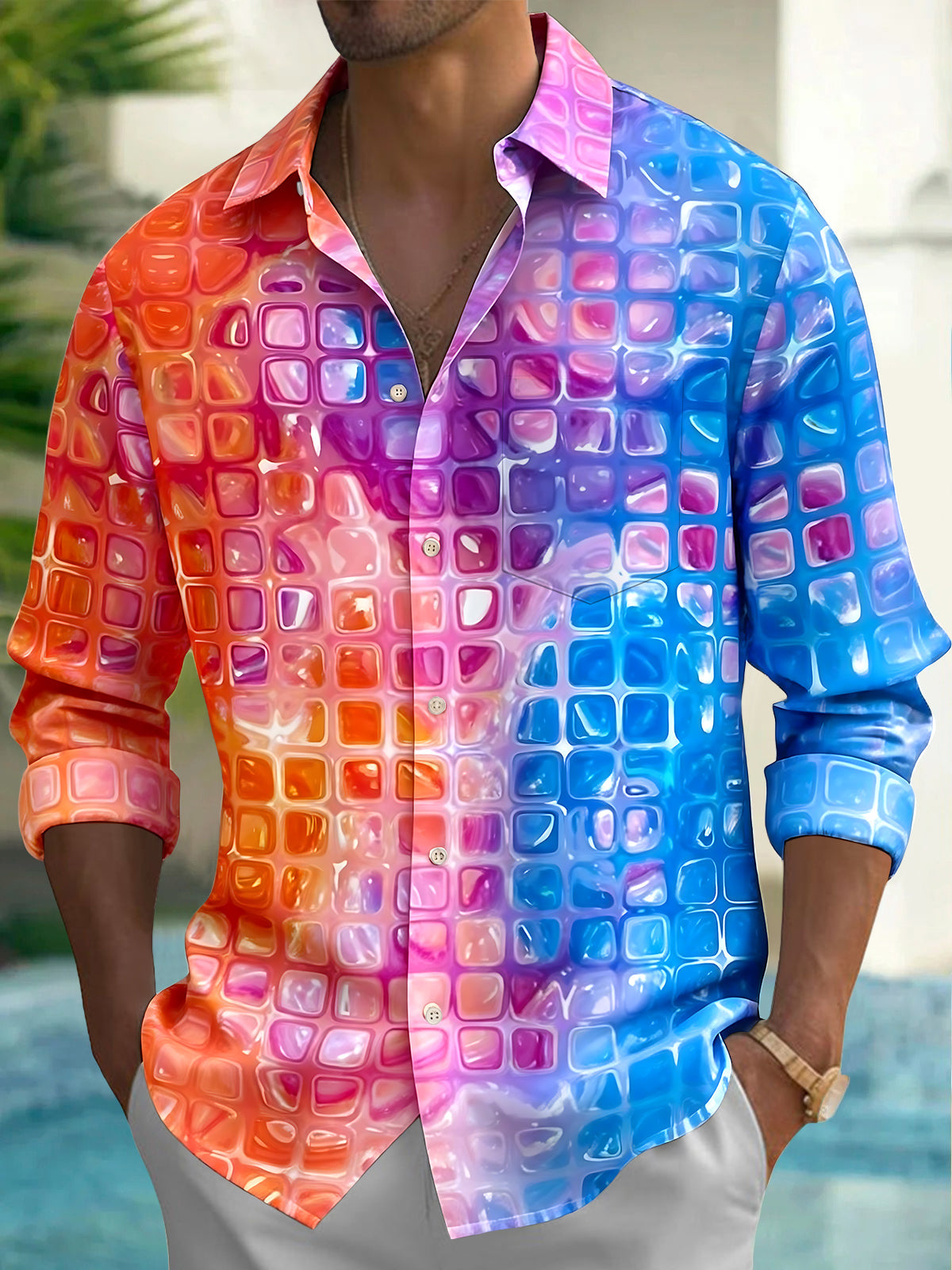 Adaychic Men's Graphic 3D Gradient Geometric Square Pattern Print Long Sleeve Button Down Shirt with Chest Pocket