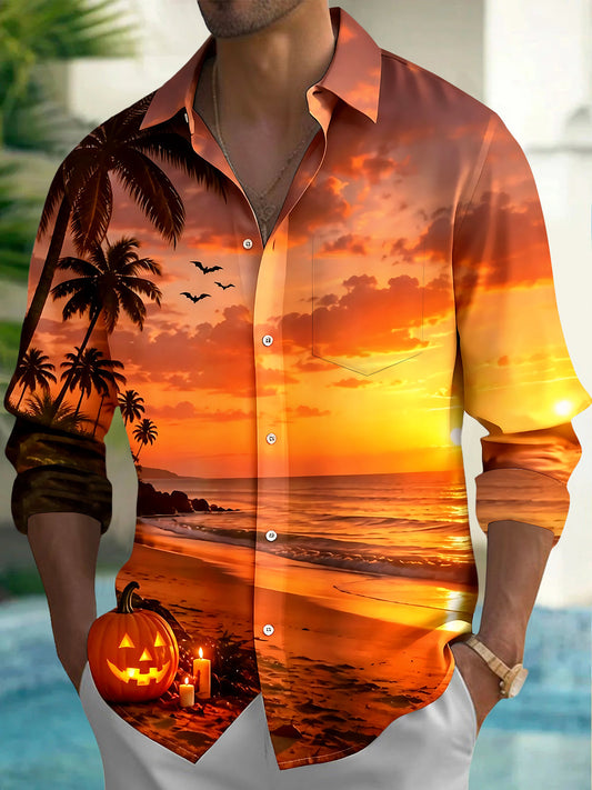 Adaychic Men's Graphic Tropical Sunset Beach Halloween Pumpkin Print Long Sleeve Button Down Shirt with Chest Pocket