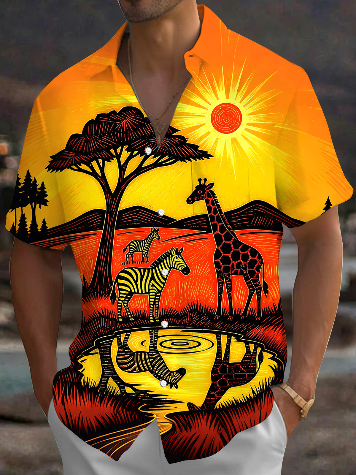 Adaychic Men's Graphic Safari Giraffe Zebra Sunset Print Short Sleeve Button Down Shirt with Chest Pocket