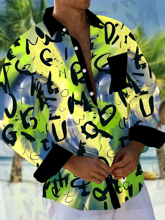 Adaychic Men's Graphic Abstract Alphabet Gradient Print Long Sleeve Button Down Shirt with Chest Pocket