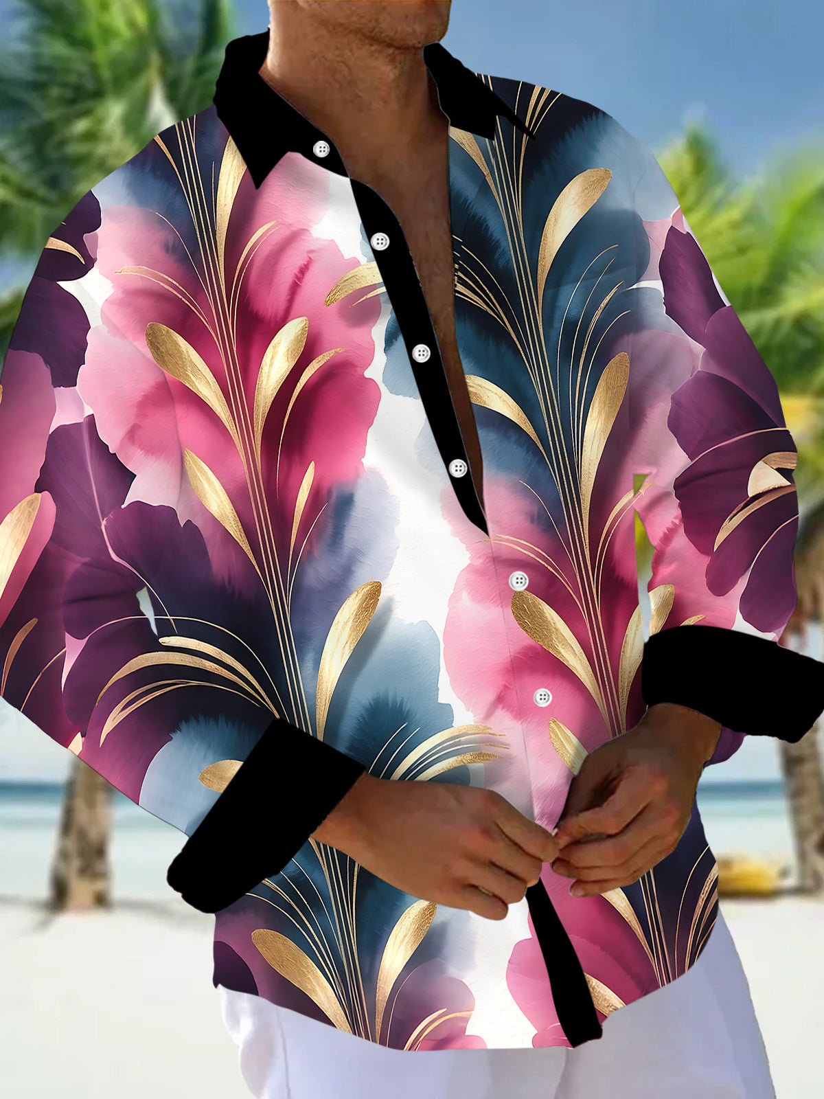 Adaychic Men's Pink Watercolor Floral Leaf Print Long Sleeve Button Down Shirt with Chest Pocket
