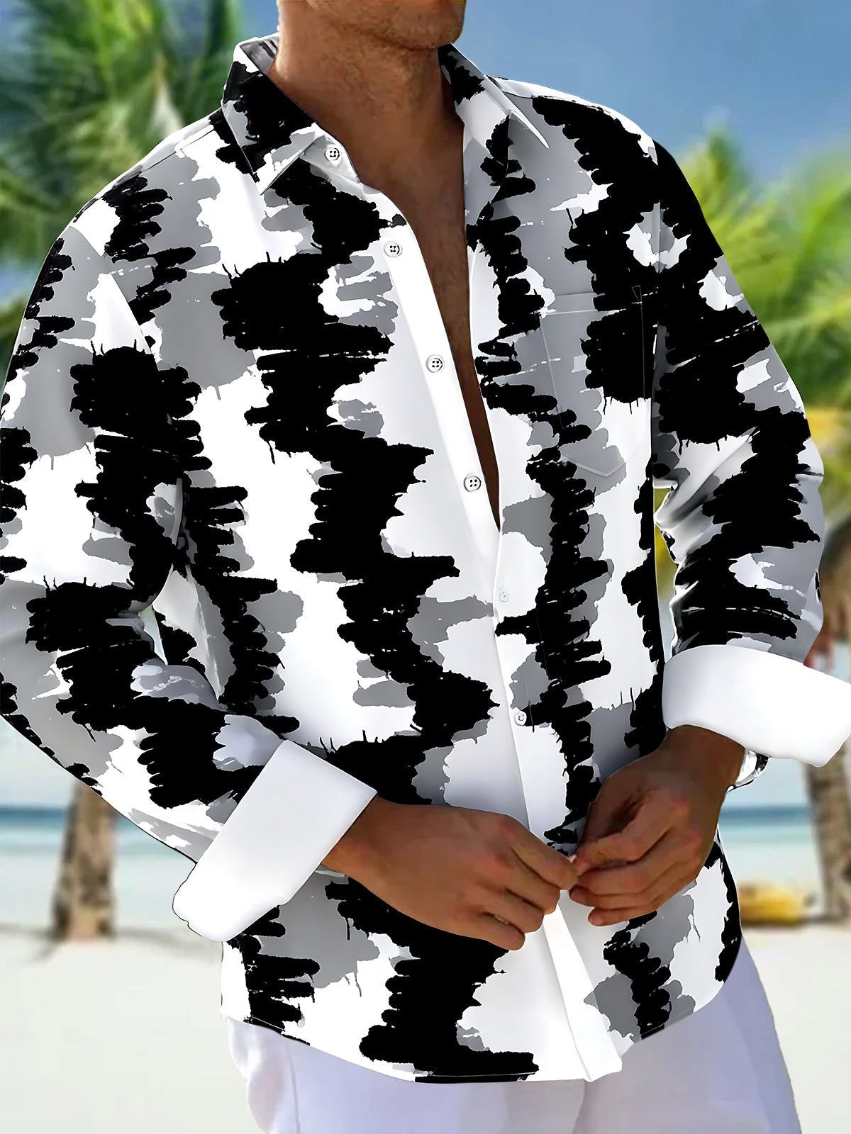 Adaychic Men's Graphic Abstract Brushstroke Pattern Print Long Sleeve Button Down Shirt with Chest Pocket