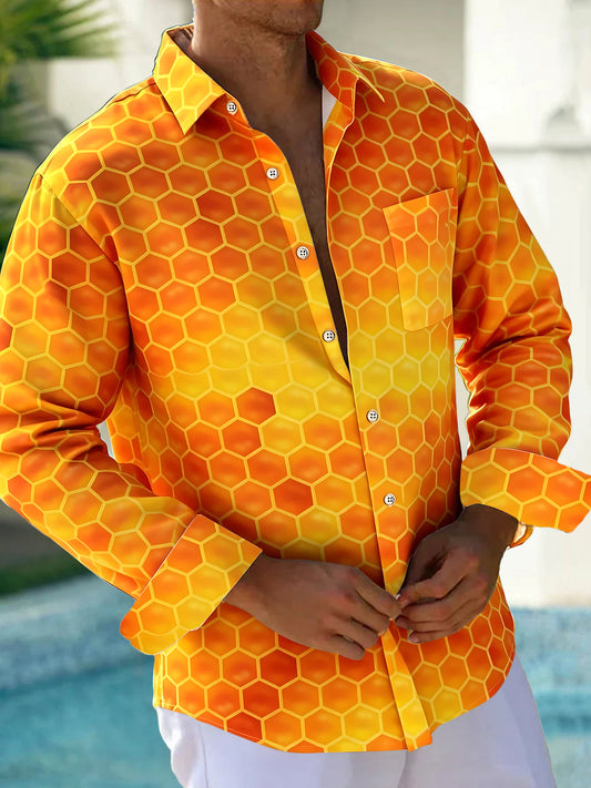 Adaychic Men's Honeycomb Geometric Gradient Print Long Sleeve Button Down Shirt with Chest Pocket