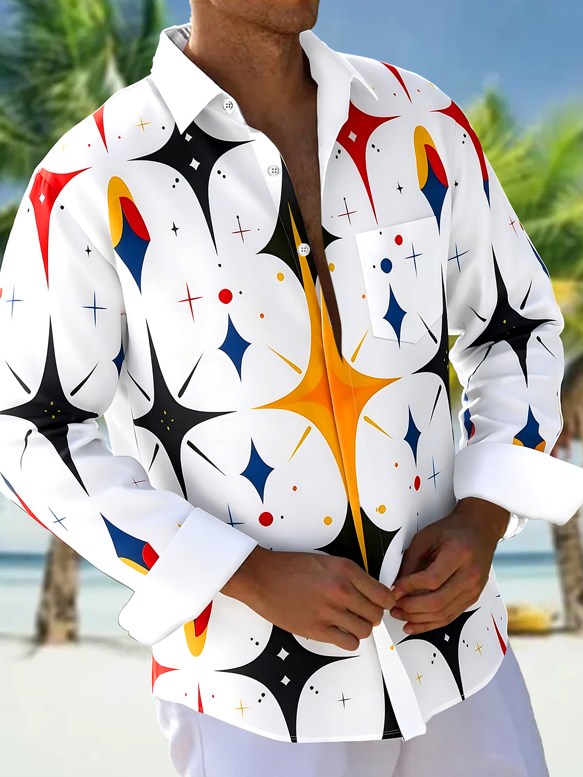 Adaychic Men's Geometric Abstract Retro Atomic Starburst Pattern Print Long Sleeve Button Down Shirt with Chest Pocket