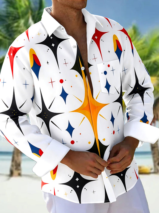 Adaychic Men's Geometric Abstract Retro Atomic Starburst Pattern Print Long Sleeve Button Down Shirt with Chest Pocket