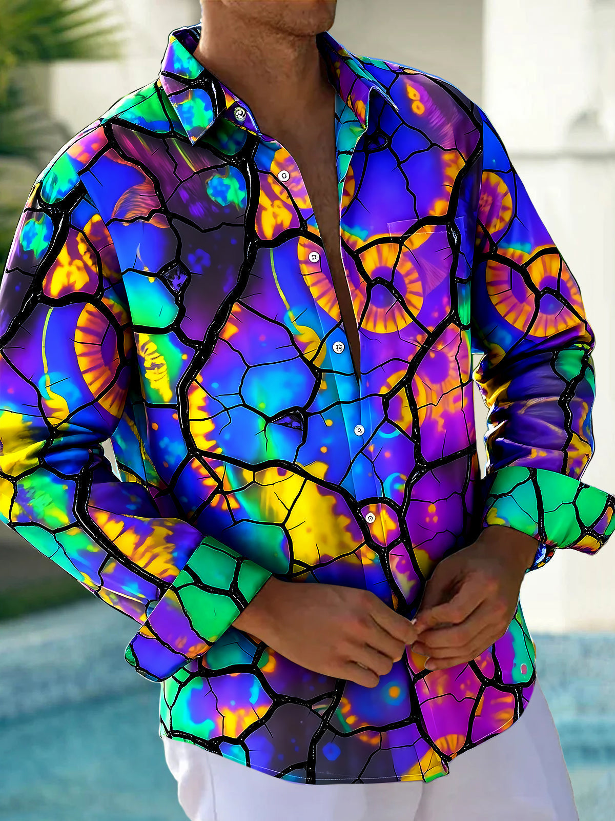 Adaychic Men's Abstract Cracked Mosaic Print Long Sleeve Button Down Shirt with Chest Pocket