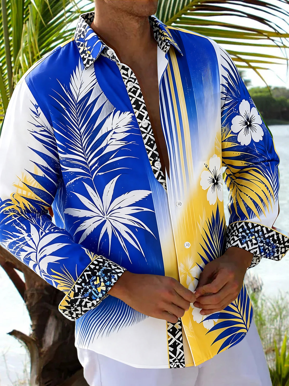 Adaychic Men's Tie Dye Palm Leaf Colorblock Long Sleeve Button Down Shirt with Chest Pocket