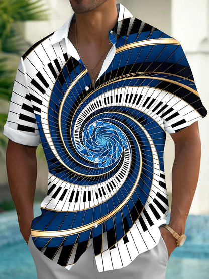 Adaychic Men's Graphic Spiral Piano Keys Print Short Sleeve Shirt with Chest Pocket