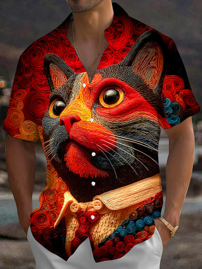 Adaychic Men's Graphic Cat Portrait Print Short Sleeve Shirt with Chest Pocket